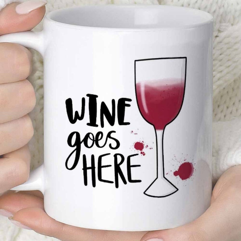 Tailorly White Ceramic 11 oz Mug - Wine Goes Here Minimalist Line Art Drawing Of Half Full Red Wine Glass Wine Glass