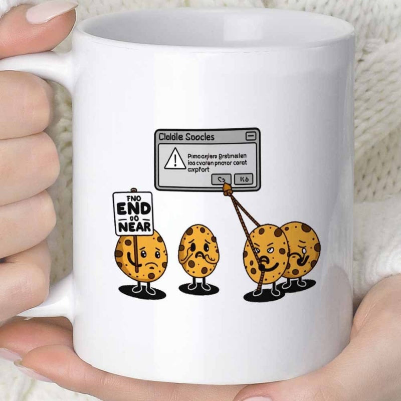 Tailorly White Ceramic 11 oz Mug - The End Is Near Cookie Cookies Funny Cartoon Chocolate Chip Characters Interacting With Digital Warning Message Window Cookie