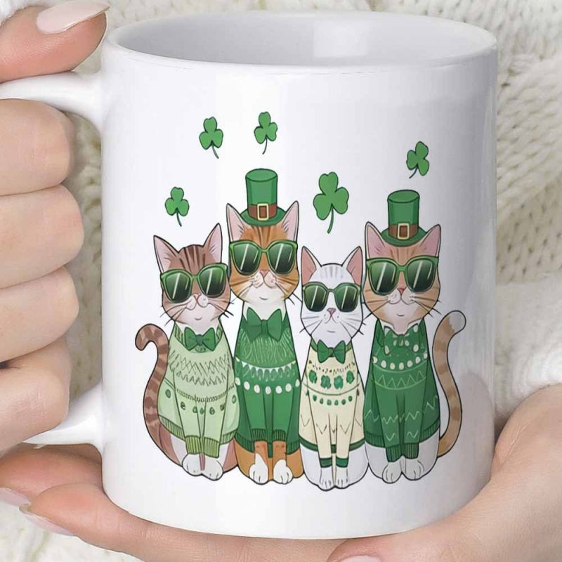 Tailorly White Ceramic 11 oz Mug - Adorable Group Of Cartoon Felines Wearing Green Festive Sweaters And Sunglasses Cats