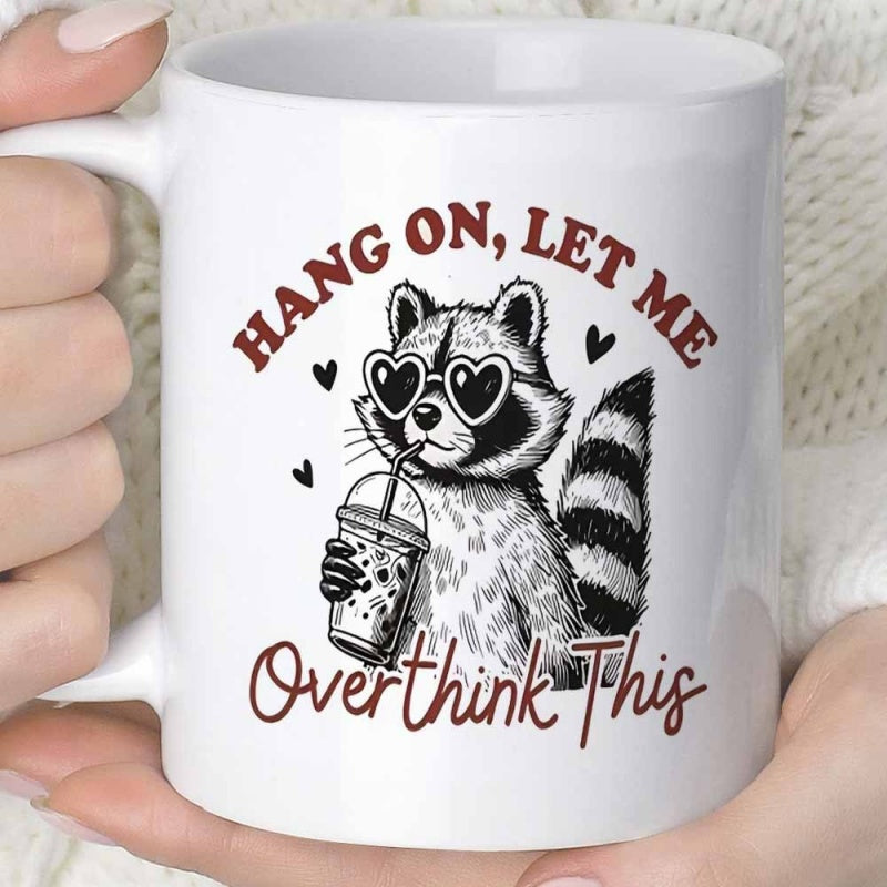 Tailorly White Ceramic 11 oz Mug - Hang On Let Me Overthink This Wearing Heart Shaped Sunglasses Sipping Chilled Pearl Milk Tea Raccoon