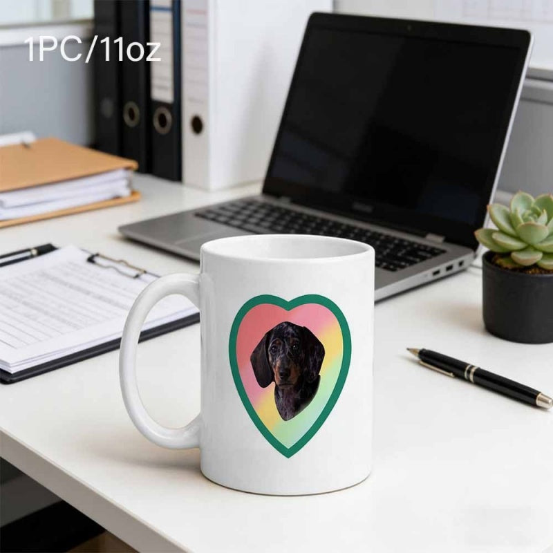 Tailorly White Ceramic 11 oz Mug - Realistic Portrait Of A Black Dog Inside A Rainbow Colored Heart Dog