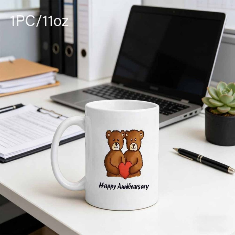 Tailorly White Ceramic 11 oz Mug - Happy Anniversary Two Adorable Brown Cubs Holding A Small Red Heart Symbolizing Love Bear