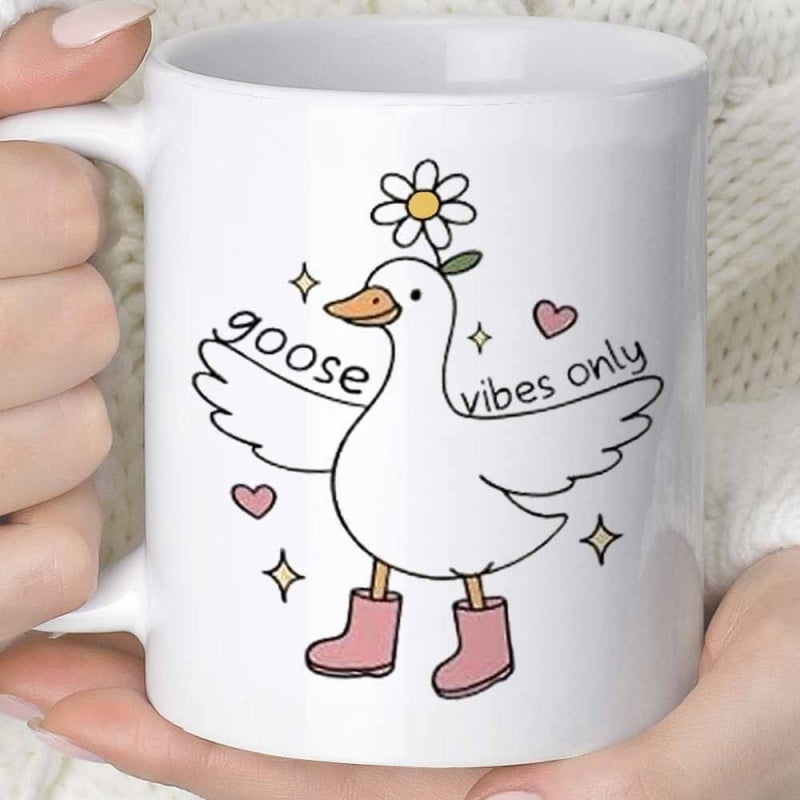 Tailorly White Ceramic 11 oz Mug - Goose Vibes Only Cute Illustrative White Bird Wearing Pink Boots With Daisy Goose