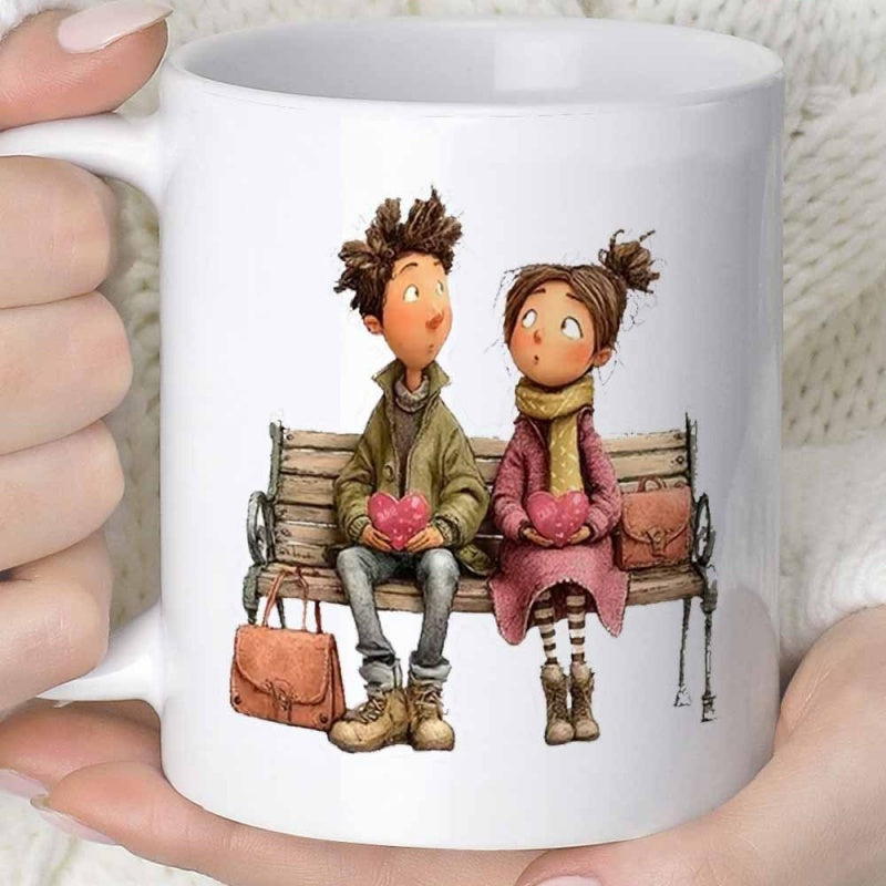 Tailorly White Ceramic 11 oz Mug - Charming Animated Young Couple Sitting On Park Bench Holding Hearts Illustration