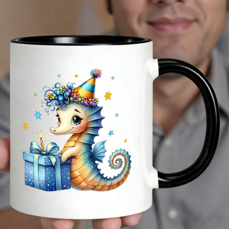 Tailorly Black Accent 11 oz Mug - cartoon seahorse with party hat and colorful starry black background