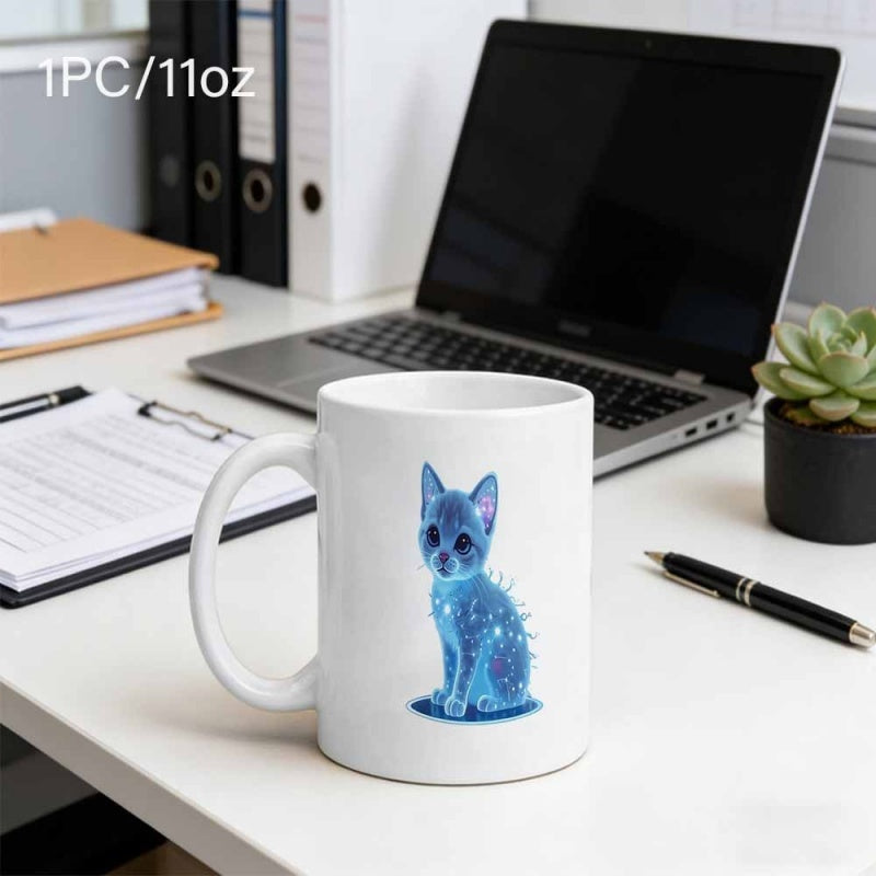 Tailorly White Ceramic 11 oz Mug - Ethereal Galaxy Space Pattern Featuring Spiky Glowing Blue Fur Mythical Fantasy Cat