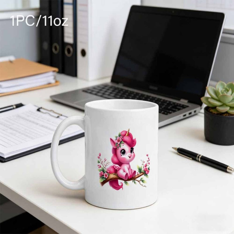 Tailorly White Ceramic 11 oz Mug - Adorable Pink Mythical Creature Sitting Peacefully On A Flowering Branch Unicorn