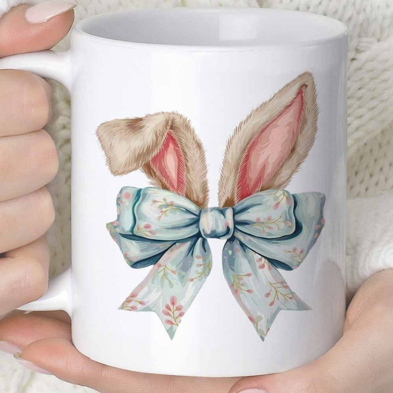 Tailorly White Ceramic 11 oz Mug - Soft Watercolor Fluffy Bunny Ears Wearing A Floral Patterned Blue Ribbon Bunny