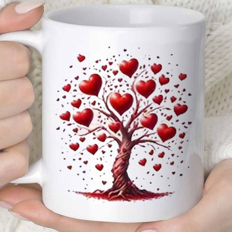 Tailorly White Ceramic 11 oz Mug - Twisted Trunk Branching Out With Vibrant Red Glossy 3D Hearts Floating Tree