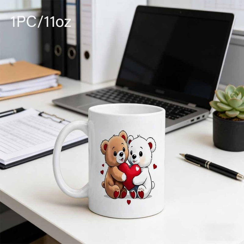 Tailorly White Ceramic 11 oz Mug - Two Cuddly Little Cartoon Animals Holding A Bright Red Vibrant Heart Bears