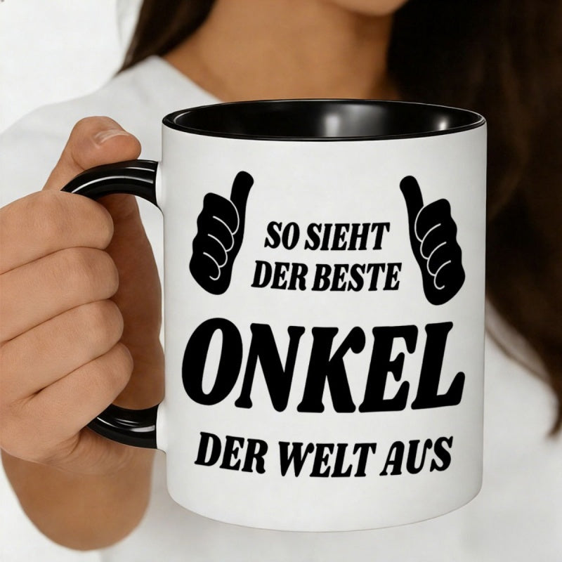Tailorly Black Accent 11 oz Mug - thumbs up and german text "so sieht der beste onkel der welt aus"