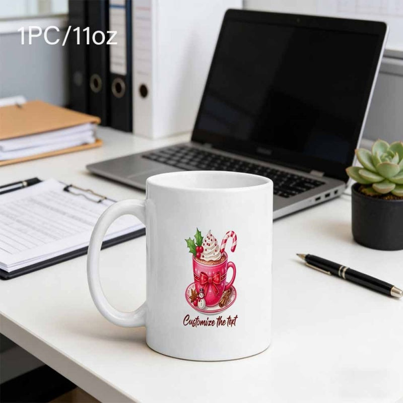 Tailorly White Ceramic 11 oz Mug - Customize The Text Warm Pink Beverage With Creamy Topping And Festive Striped Candy Cane Drink