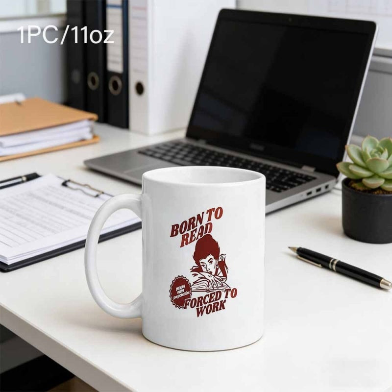 Tailorly White Ceramic 11 oz Mug - Born To Read Forced To Work Vintage Girl With Hair Bow Focused On Reading Interesting Storybook Reader
