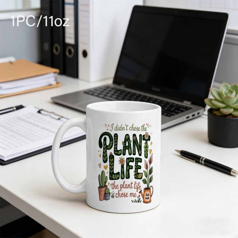 Tailorly White Ceramic 11 oz Mug - I Didnt Choose The Plant Life The Plant Life Chose Me Green Cacti With Small Potted Flowers And A Watering Can Plant