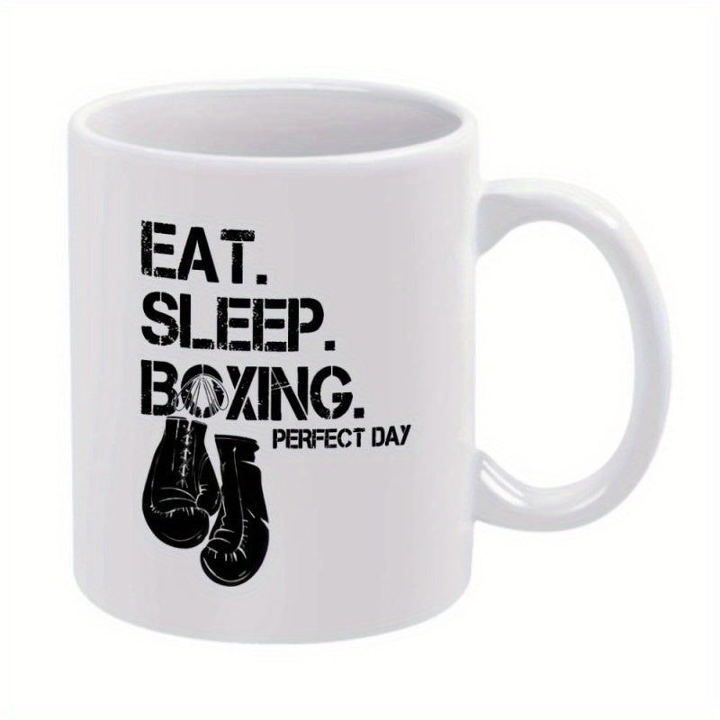 Tailorly White Ceramic 11 oz Mug - Eat Sleep Boxing Perfect Day Vintage Hanging Sports Equipment For Athletic Training Room Boxing Gloves