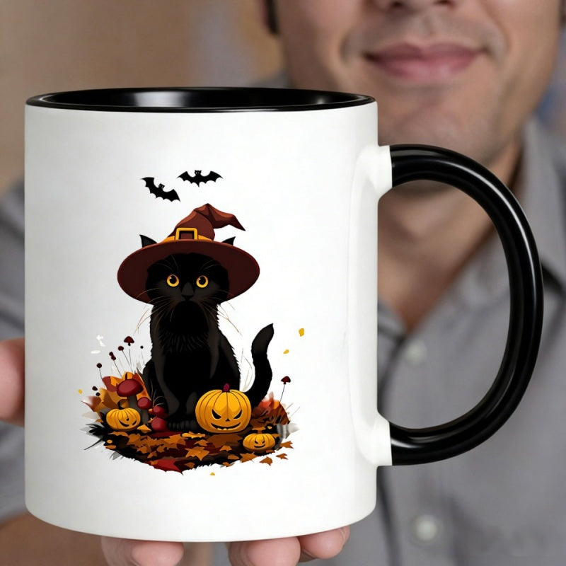 Tailorly Black Accent 11 oz Mug - black cat and witch hat with pumpkins and bats
