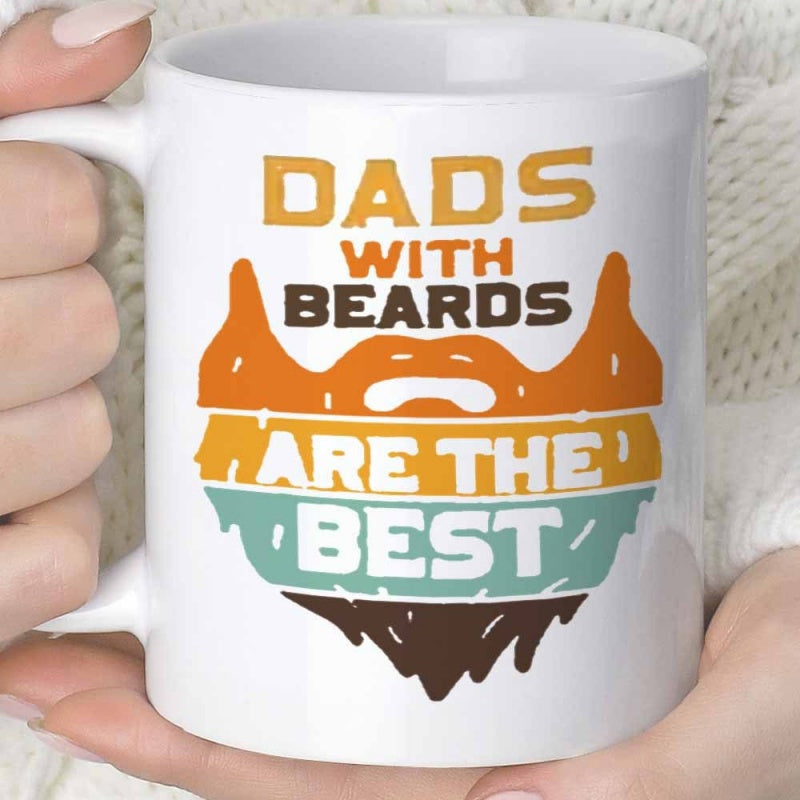 Tailorly White Ceramic 11 oz Mug - Dads With Beards Are The Best Retro Color Palette Stripes Contained Within A Distinctive Silhouette Beard