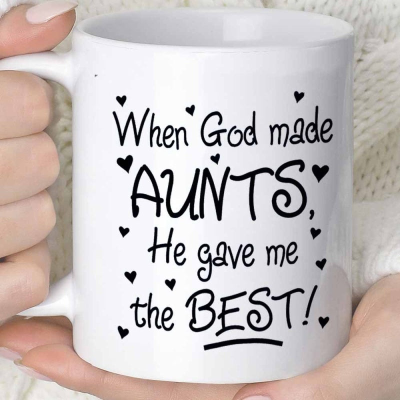 Tailorly White Ceramic 11 oz Mug - When God Made Aunts He Gave Me The Best Minimalist Typography Design With Tiny Delicate Scattered Aesthetic Black Hearts
