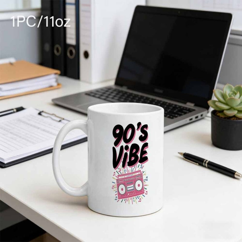 Tailorly White Ceramic 11 oz Mug - 90s Vibe Retro Pink Cassette Player With Musical Accents Vintage Boombox