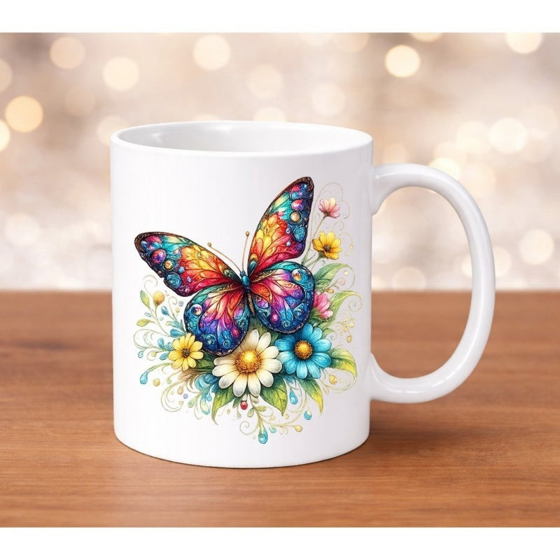 Tailorly White Ceramic 11 oz Mug - Vibrant Multi Colored Wings Resting Among Blooming Daisies In A Garden Butterfly