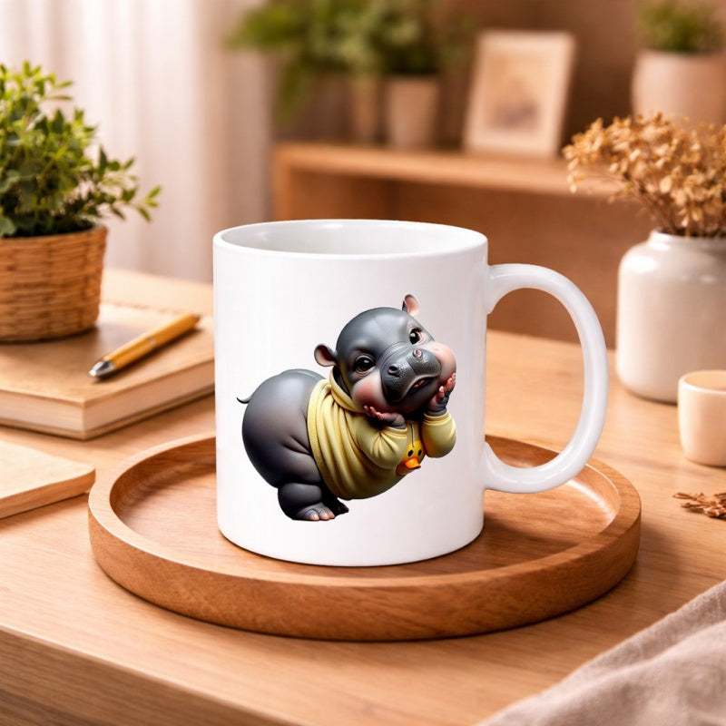 Tailorly White Ceramic 11 oz Mug - Adorable Sitting 3D Baby Animal Wearing Vibrant Yellow Knit Sweater Hippo