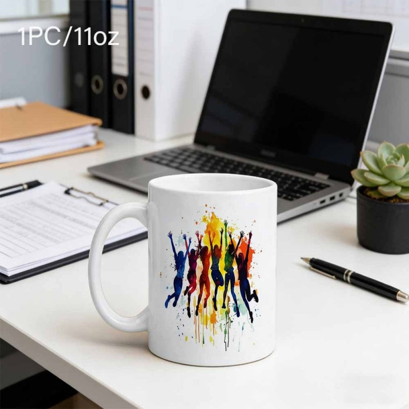 Tailorly White Ceramic 11 oz Mug - Vibrant Watercolor Style Of Joyful Friends Jumping Together In Motion People