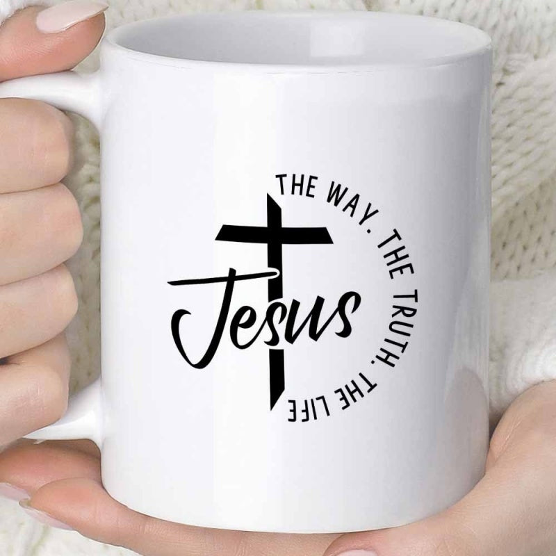 Tailorly White Ceramic 11 oz Mug - Jesus The Way The Truth The Life Minimalist Religious Symbol With Faith Inspired Scripture Arranged In Circular Typography Cross
