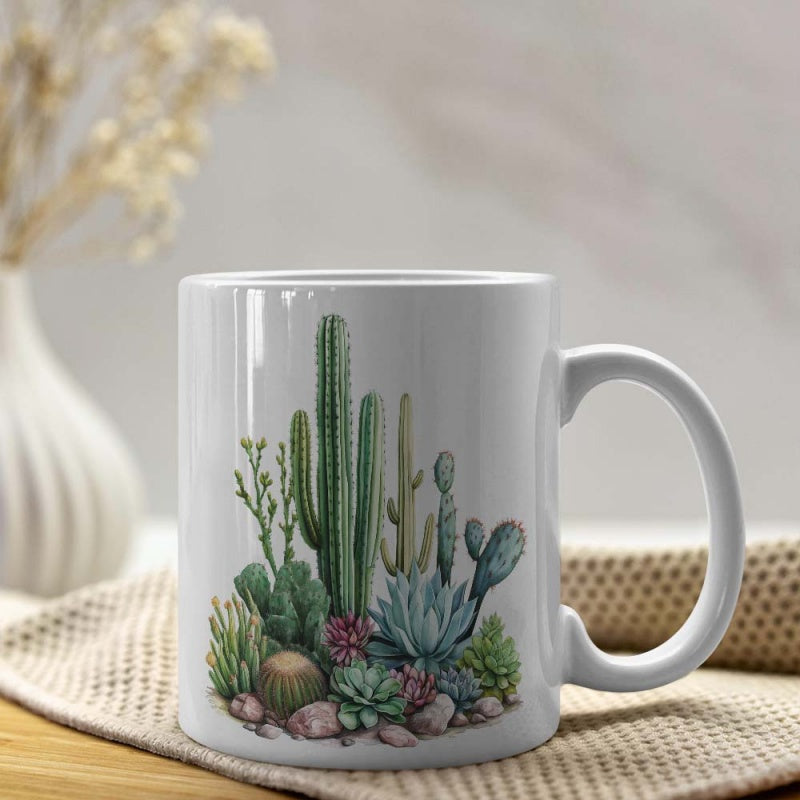 Tailorly White Ceramic 11 oz Mug - Various Desert Succulent Plants Nestled Among Small Decorative Rocks Cactus