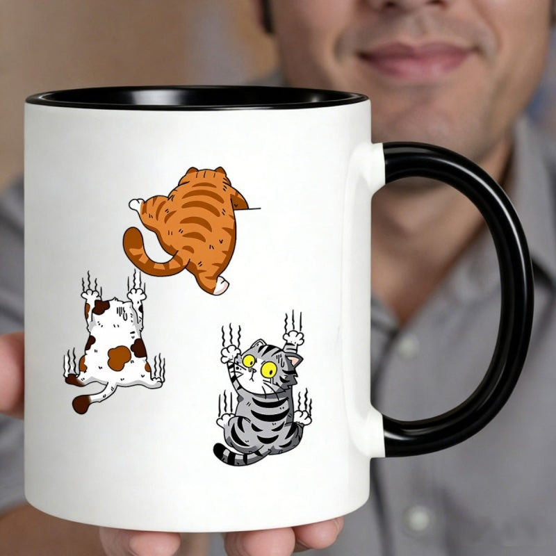Tailorly Black Accent 11 oz Mug - adorable cartoon cat featuring three kittens