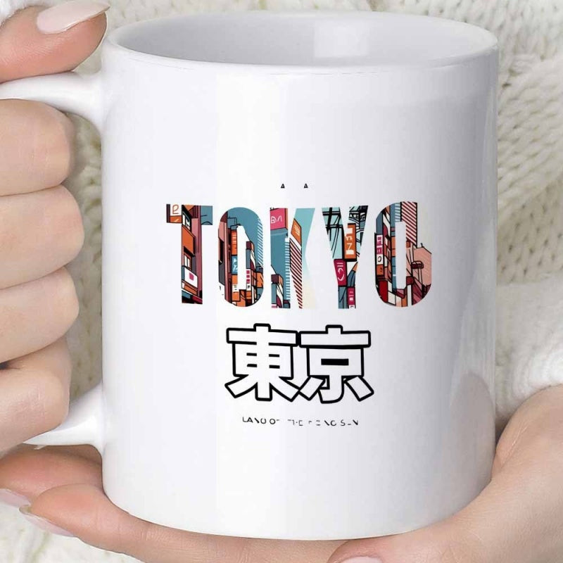 Tailorly White Ceramic 11 oz Mug - Tokyo Land Of The Rising Sun Bold Typography Filled With Vibrant Urban Cityscape Mug