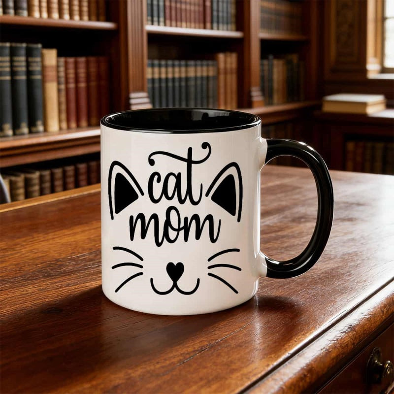 Tailorly Black Accent 11 oz Mug - smiling kitty face with kitten lips