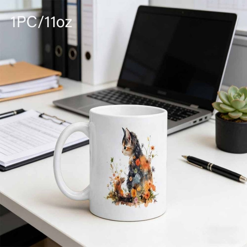 Tailorly White Ceramic 11 oz Mug - Adorable Watercolor Style Sitting Peacefully Among Blooming Orange Wildflowers Kitten
