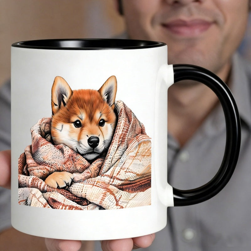Tailorly Black Accent 11 oz Mug - cute puppy in a blanket