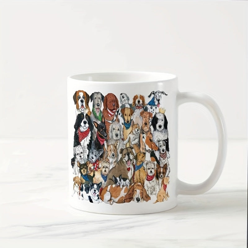 Tailorly White Ceramic 11 oz Mug - Diverse Collection Of Adorable Hand Drawn Canine Breeds Sitting Together Closely Dogs