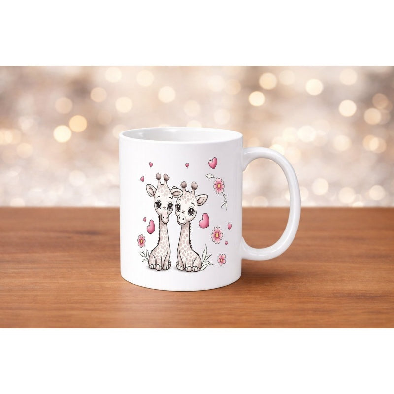 Tailorly White Ceramic 11 oz Mug - Two Cute Baby Animals Surrounded By Pink Hearts And Flowers Giraffe