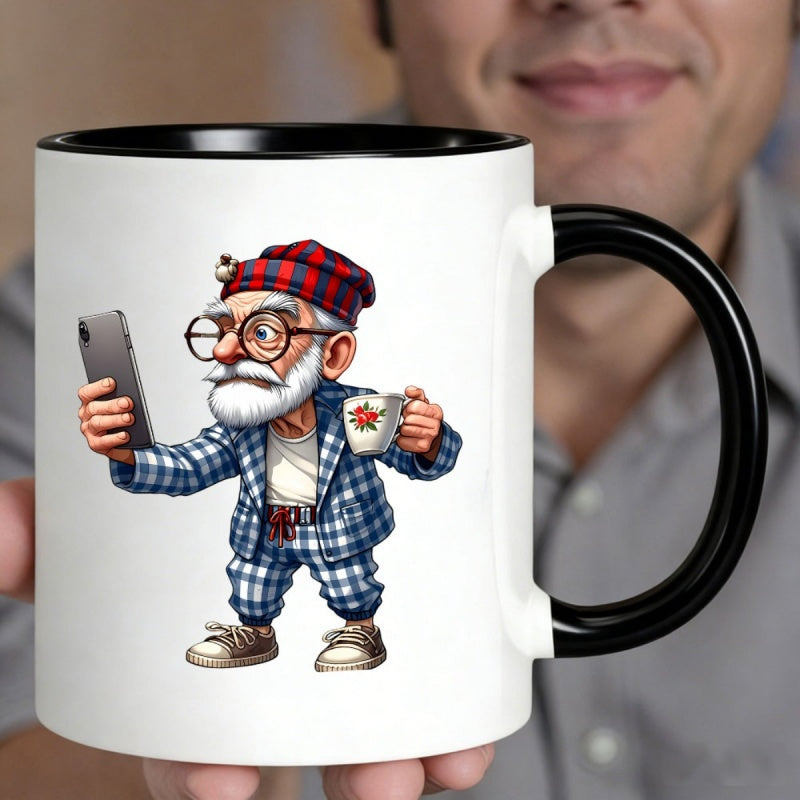 Tailorly Black Accent 11 oz Mug - cartoon grandpa holding a smartphone and coffee