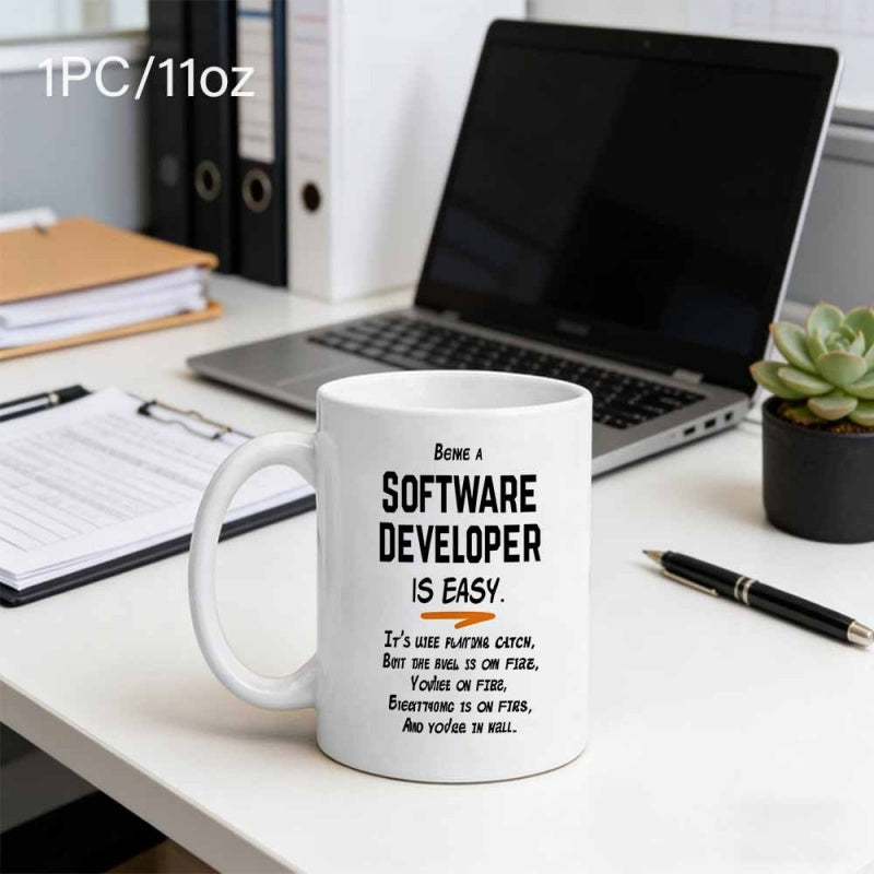 Tailorly White Ceramic 11 oz Mug - Being A Software Developer Is Easy Minimalist White Ceramic Cup Featuring Bold Black Humorous Text Statement Mug