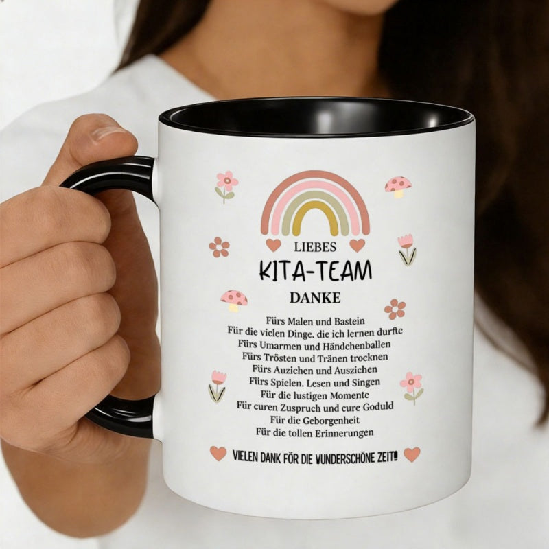 Tailorly Black Accent 11 oz Mug - rainbow hearts flowers mushrooms