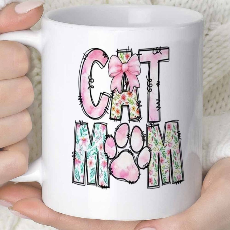 Tailorly White Ceramic 11 oz Mug - Cat Mom Floral Pattern Letters With Pink Bow And Cute Paw Print Mug