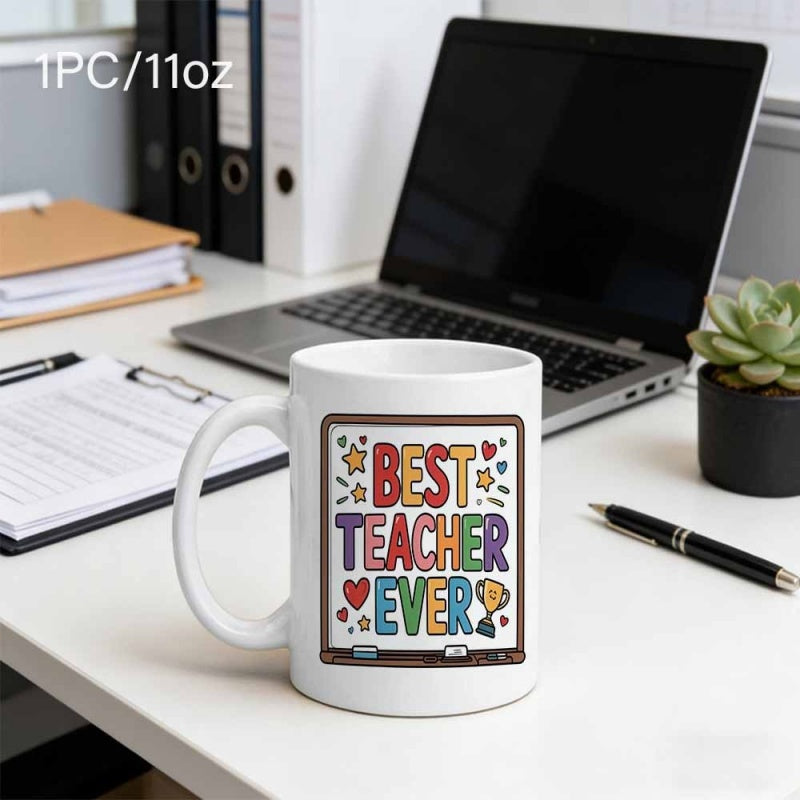 Tailorly White Ceramic 11 oz Mug - Best Teacher Ever Colorful Chalkboard Design With Hearts Stars And A Golden Trophy Mug