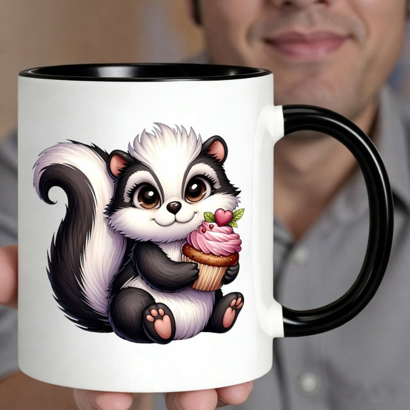 Tailorly Black Accent 11 oz Mug - cute skunk holding pink frosting heart cupcake