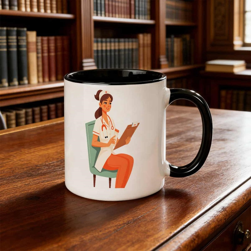 Tailorly Black Accent 11 oz Mug - stethoscope and ekg heartbeat