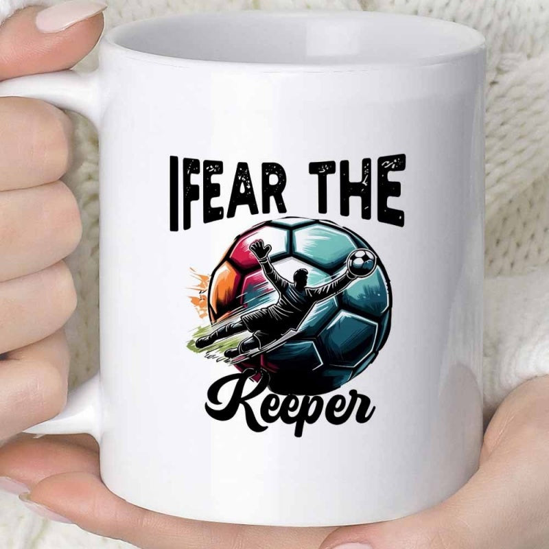 Tailorly White Ceramic 11 oz Mug - I Fear The Keeper Colorful Graphic Design With Silhouette Of Goalkeeper Catching Soccer Ball