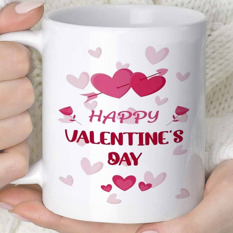 Tailorly White Ceramic 11 oz Mug - Happy Valentine's Day Romantic Pink Hearts With Arrows And Delicate Roses On
