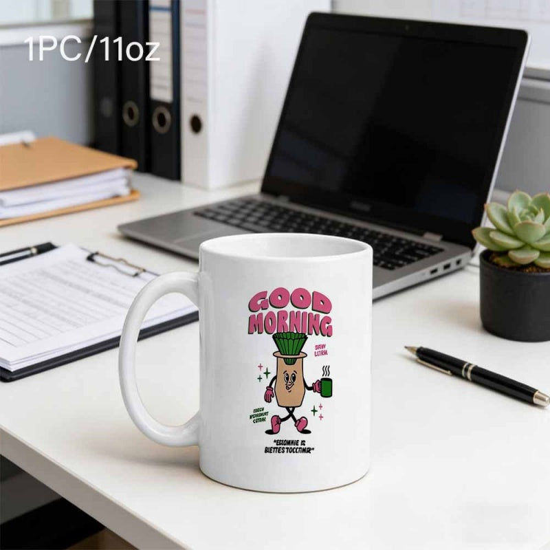 Tailorly White Ceramic 11 oz Mug - Good Morning Coffee Is Better Than People Quirky Retro Cartoon Coffee Character Holding A Small Green Mug Character