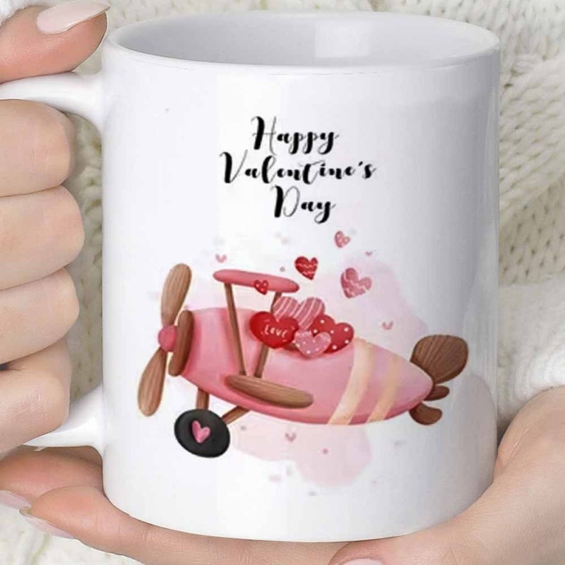 Tailorly White Ceramic 11 oz Mug - Happy Valentine's Day Pink Watercolor Biplane Carrying Beautiful Floating Love Hearts Airplane