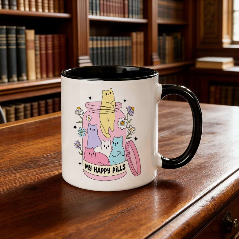 Tailorly Black Accent 11 oz Mug - adorable cat and floral
