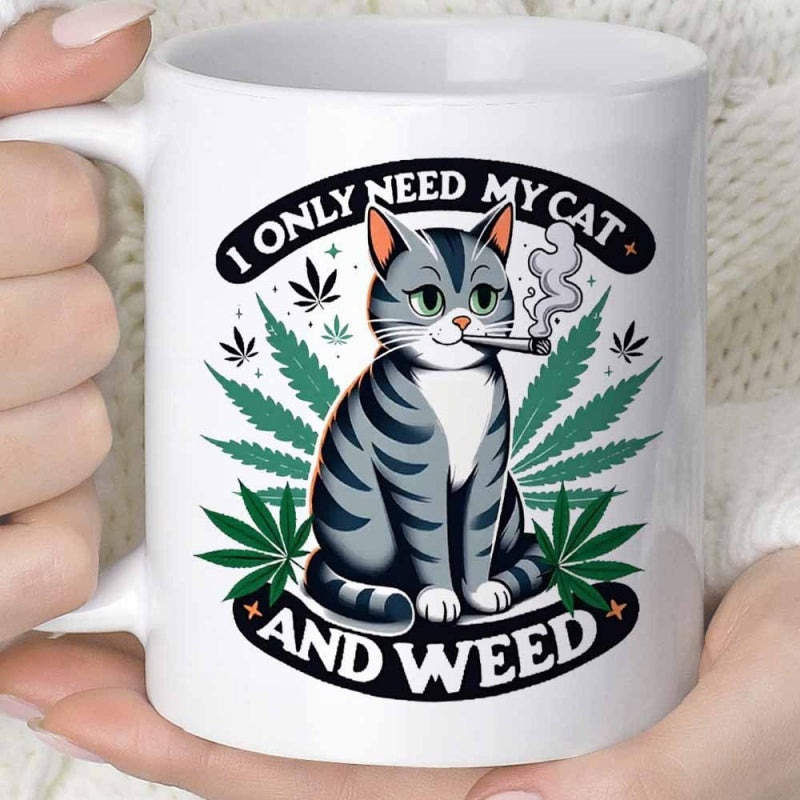 Tailorly White Ceramic 11 oz Mug - I Only Need My Cat And Weed Whimsical Striped Cat Smoking Among Vibrant Green Leaves Cat