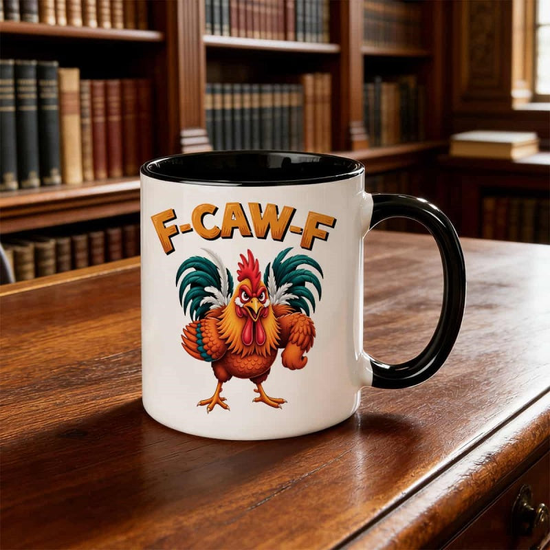 Tailorly Black Accent 11 oz Mug - rooster pattern with strong chicken design and "f caw f" text