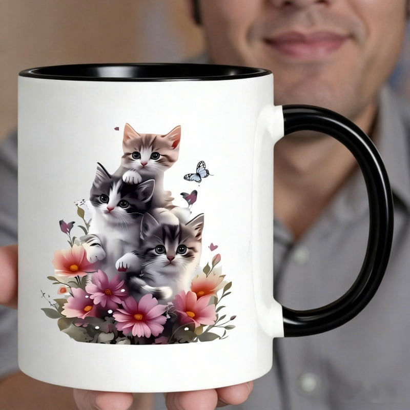 Tailorly Black Accent 11 oz Mug - three cute kittens， black background， butterflies， hearts